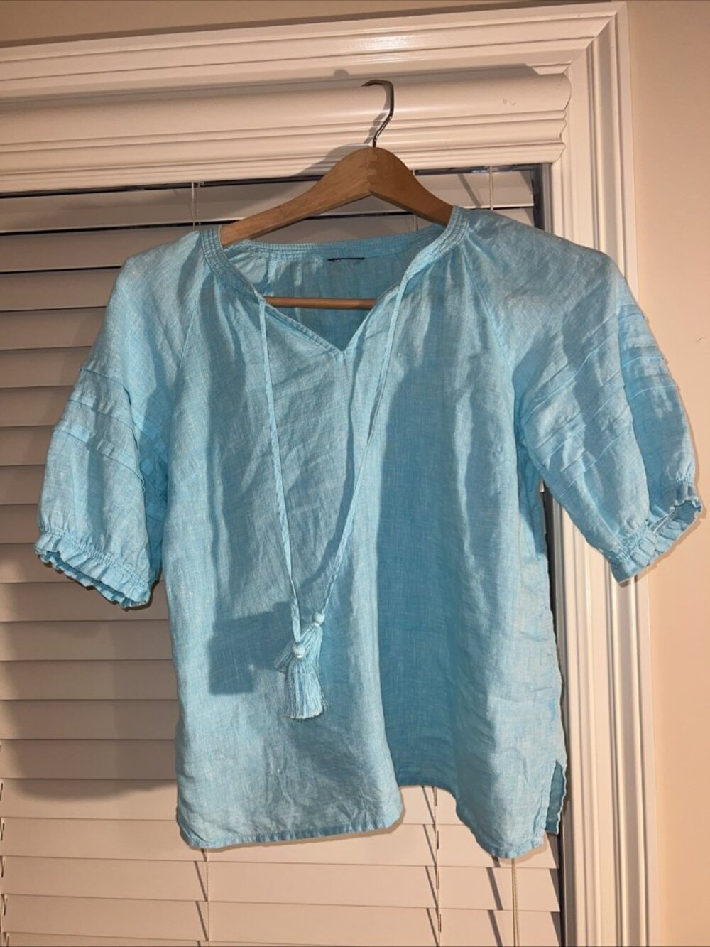 Talbots Blue Tassel Tie Neck Short Sleeve Linen Blouse Medium No Tag